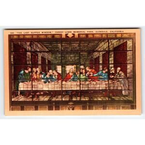 Vintage Linen Postcard The Last Supper Window Forest Lawn Glendale CA